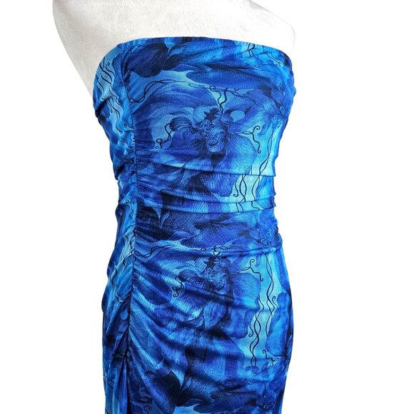 Womens Elegant Large Strapless Tube Top Blue Floral Bodycon Maxi Dress Party - Picture 8 of 12